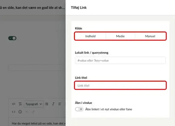 Dialogen til links med valgene Indhold, Medie og Manuel og feltet Link titel markeret