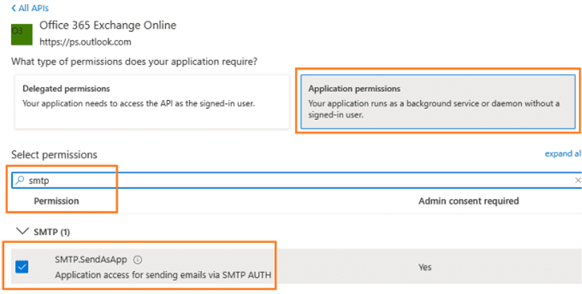 Valg af Application permissions, hvor SMTP.SendAsApp er markeret