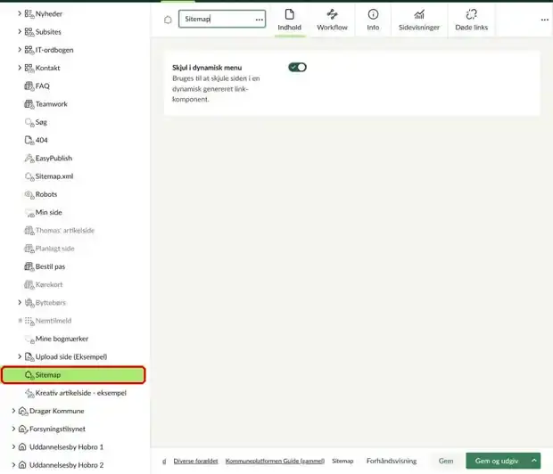 Indholdstræet, hvor siden Sitemap er markeret