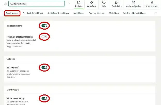 Fanen Brødkrumme med Vis brødkrumme, Fremhæv brødkrummestien og Vis Abonnér markeret