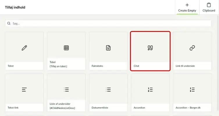 Oversigten over komponenter med Citat markeret