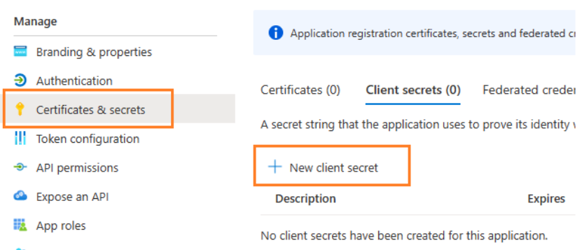 Menuen i appen, hvor Certificates & secrets og New client secret er markeret
