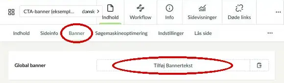 Fanen Banner markeret i toppen af siden og knappen Tilføj Bannertekst ud for Global banner markeret