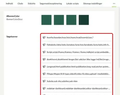 Fanen Søgebanner på en søgeside, hvor farvevalget og listen med søgebannere er markeret