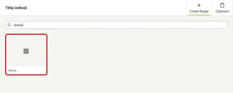 Søgning efter ubivox i Tilføj indhold med komponenten Ubivox markeret