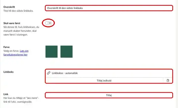 Overskrift, Skal være først, Linkboks og Link markeret