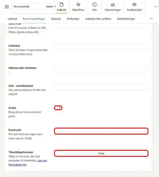 Felterne Gratis, Event-pris og Tilmeldingsformular