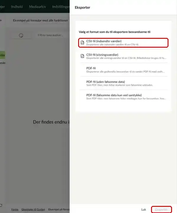 Dialogen Eksporter med CSV-fil og knappen Eksportér markeret