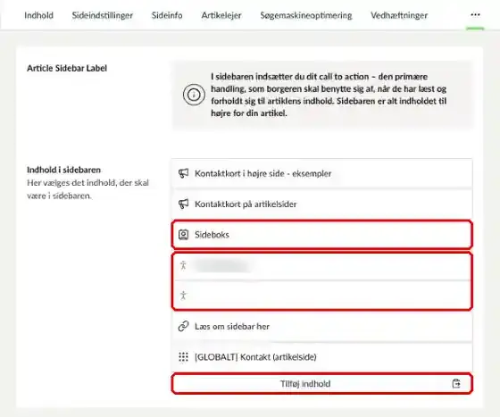 En sideboks, to kontaktkort og knappen Tilføj indhold markeret