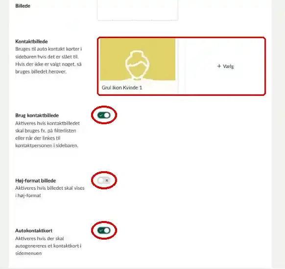 Felterne Kontaktbillede, Brug kontaktbillede, Høj-format billede og Autokontaktkort markeret
