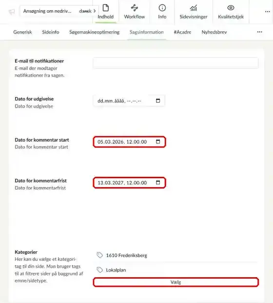 Fanen Sagsinformation med datoer for kommentarstart og kommentarfrist samt Kategorier markeret
