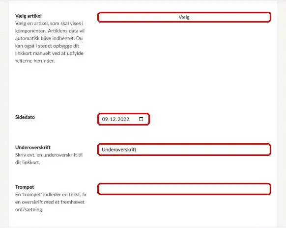 Felterne Vælg artikel, Sidedato, Underoverskrift og Trompet markeret